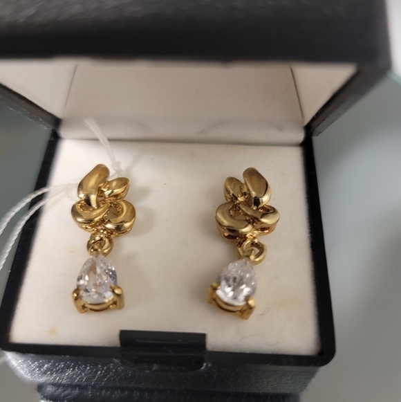 14K gold plated dangle earrings w/ pear shaped CZ VINTAGE - Picture 2 of 8